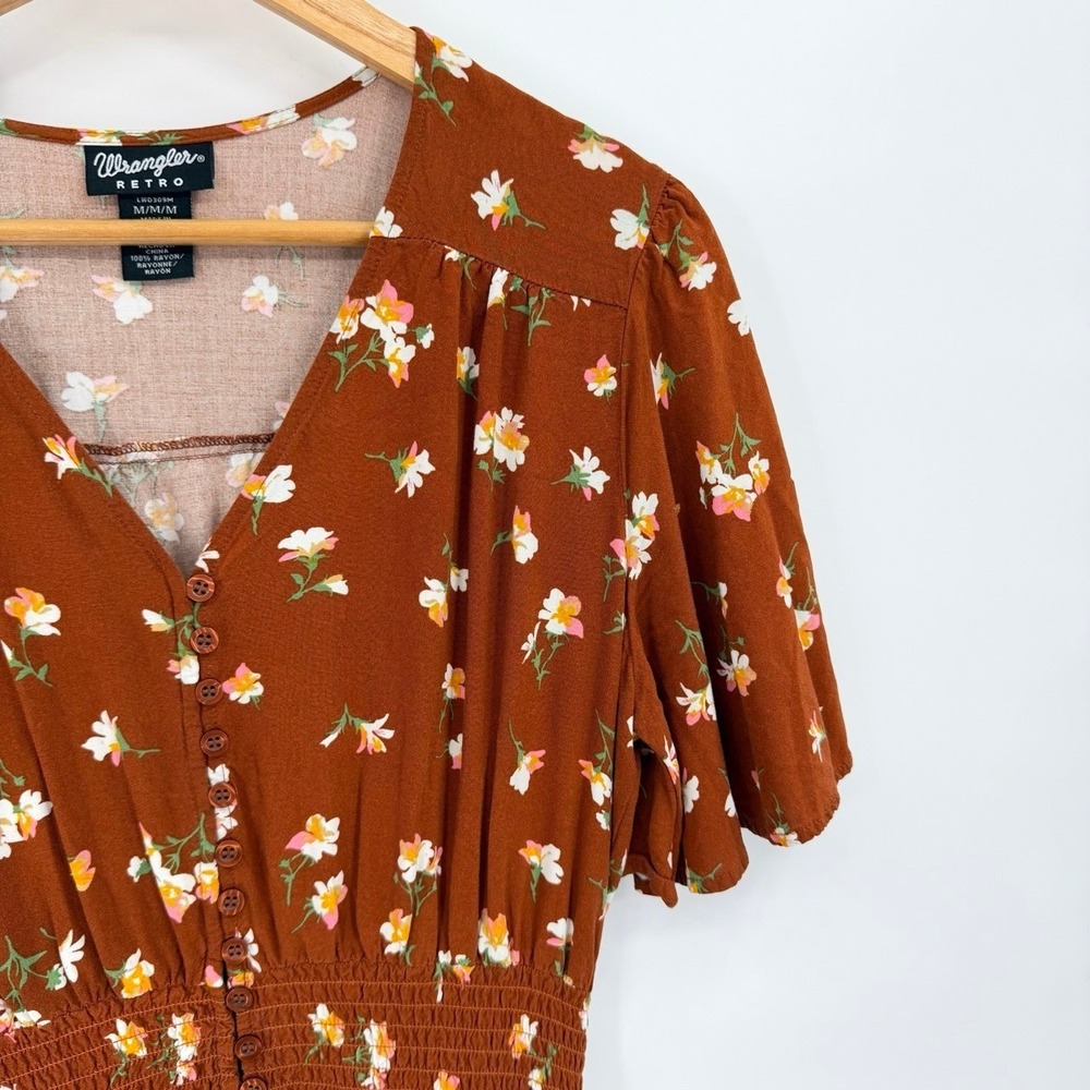 Wrangler Womens Medium Midi Dress Rust Floral Boho Smocked Waist Button Front - Picture 4 of 7